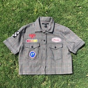 plaid grey crop top w/patches !